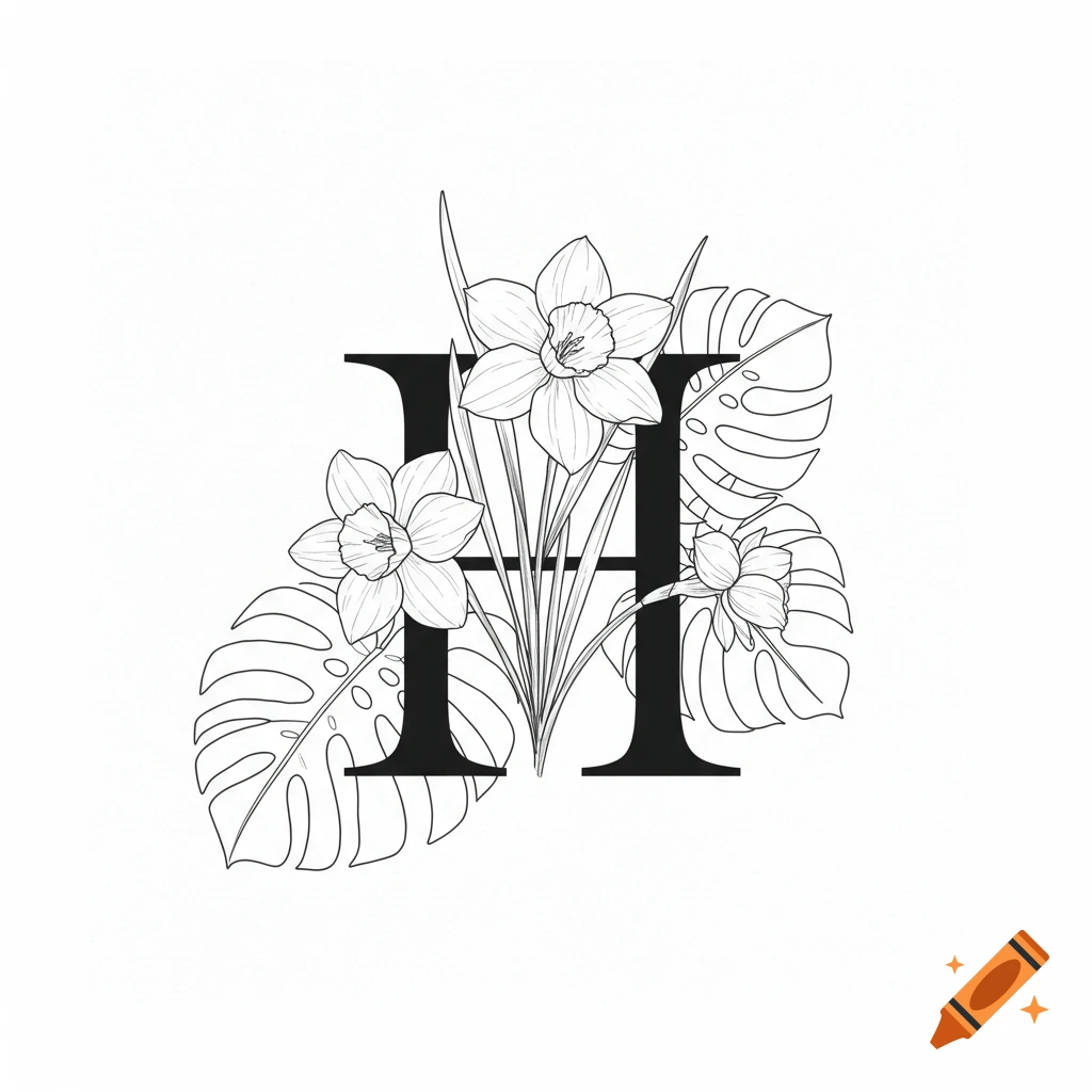 Black letter H with fine line art daffodils and monstera leaves on a white background.