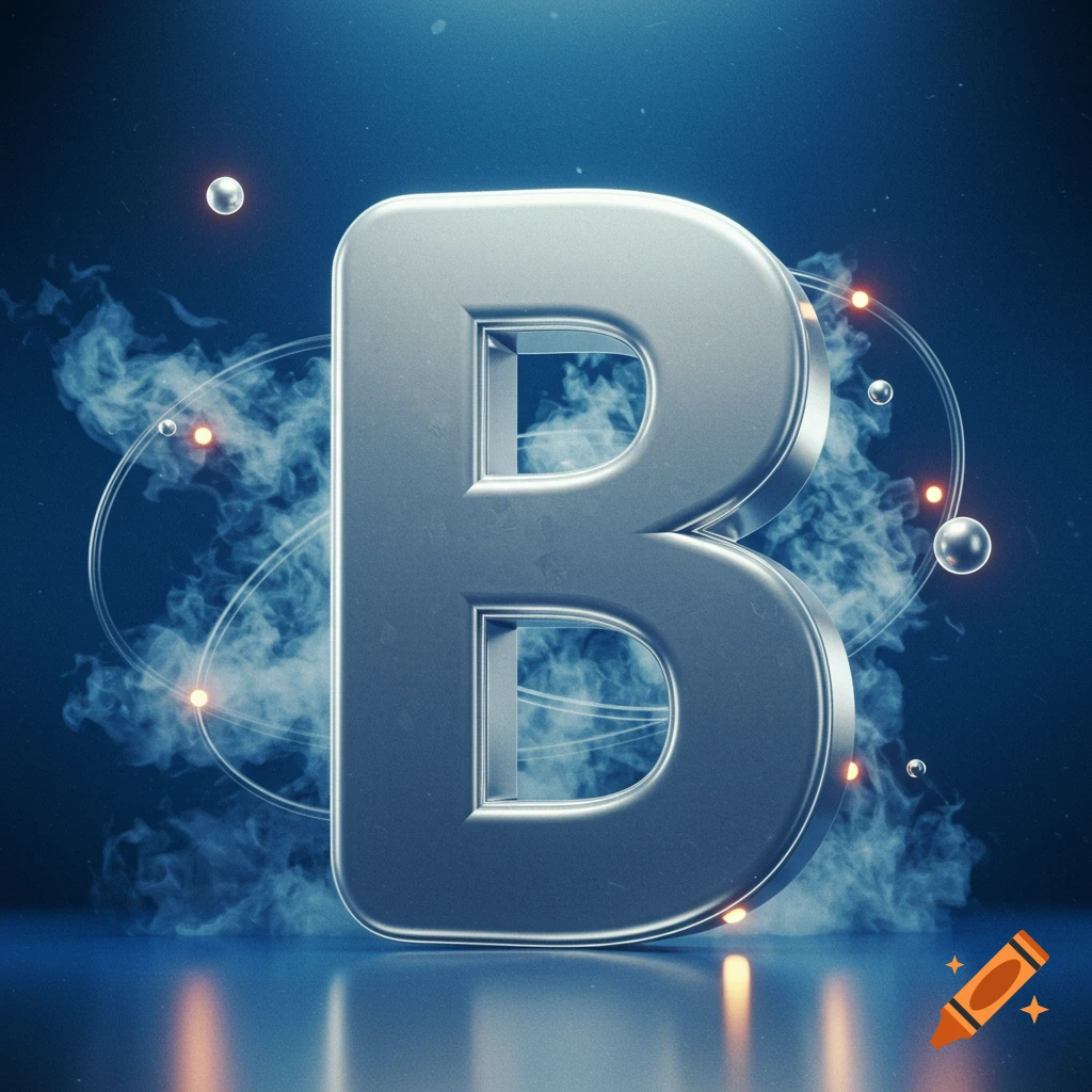 A large, metallic silver letter 'B' stands centered on a reflective dark blue surface, enveloped by smoky blue mist and glowing orange orbs on abstract orbits. The background is a dark blue gradient.