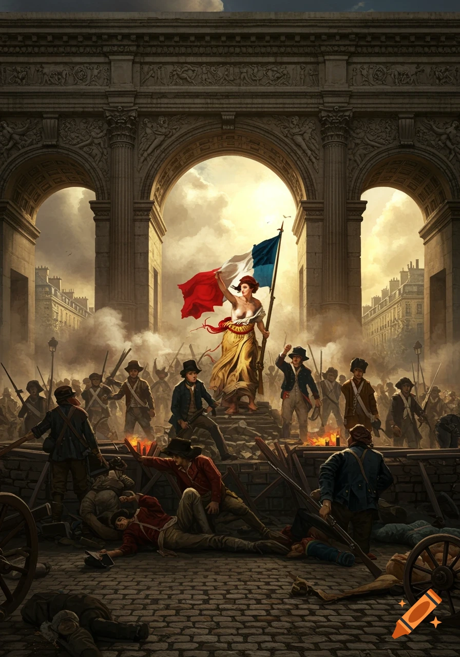 A dramatic historical painting of the French Revolution, with Liberty holding the French flag atop a barricade, surrounded by revolutionaries and fallen soldiers under an archway.