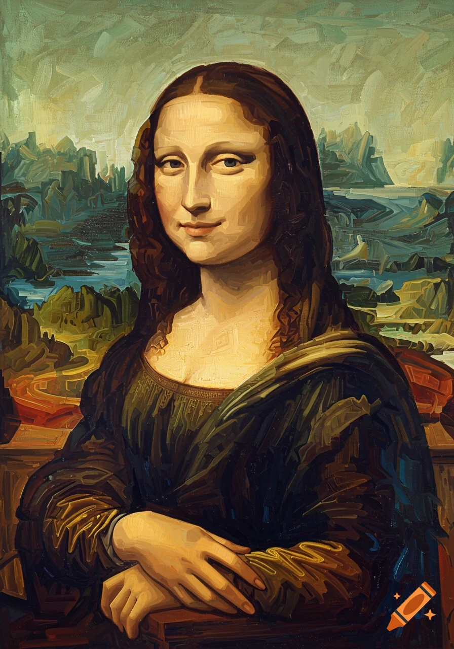 A portrait of Mona Lisa rendered in a cubist painting style reminiscent of Picasso, featuring fragmented shapes and bold brushstrokes.