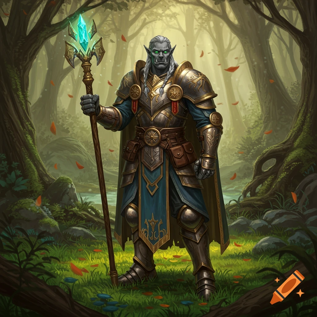 A male half-orc cleric with grey skin and white hair, clad in ornate gold and blue armor, stands in a vibrant green forest, holding an illuminated staff.