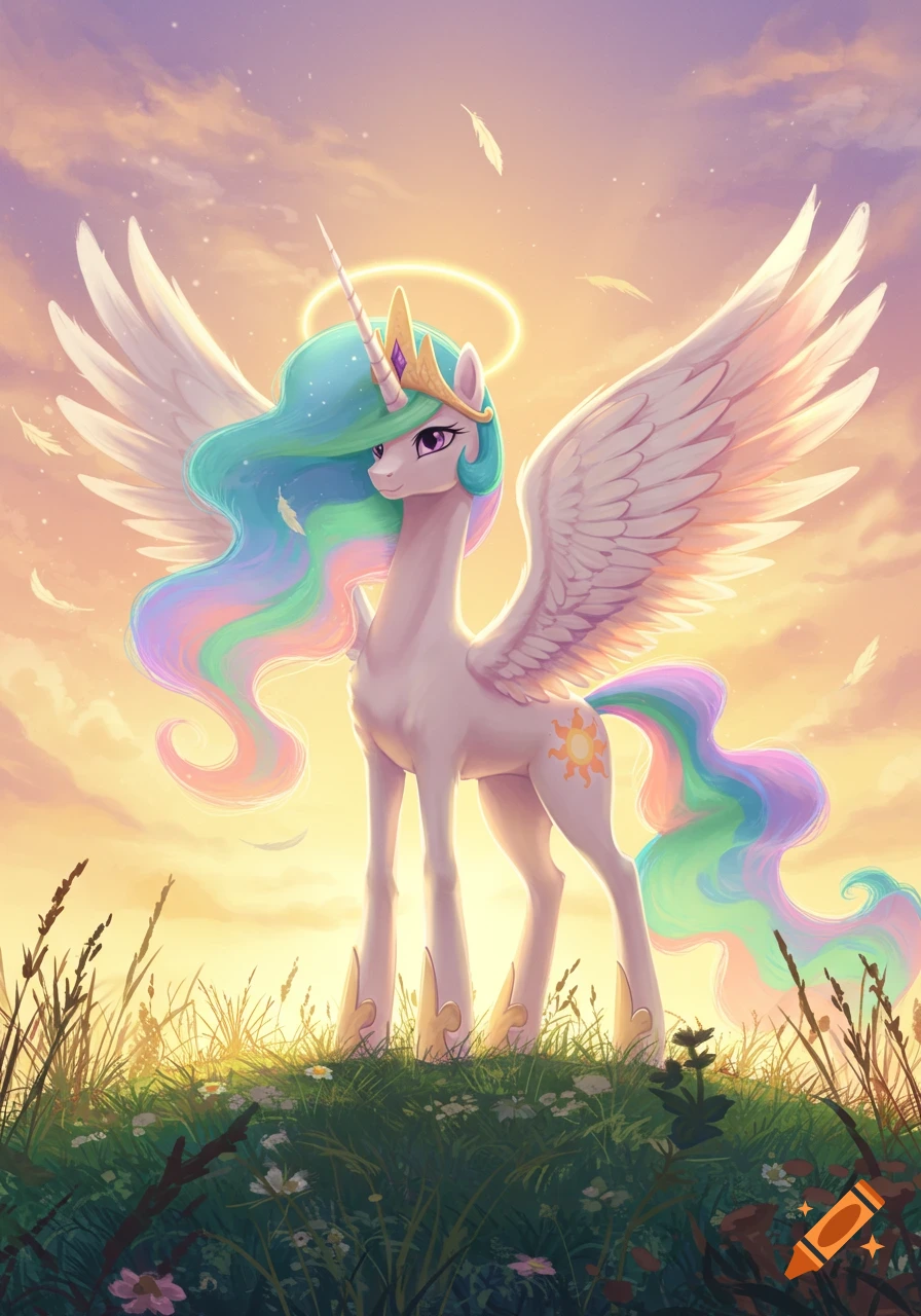 A graceful white alicorn pony with a rainbow mane and tail, golden crown and hooves, and a sun cutie mark, stands in a field at sunset.