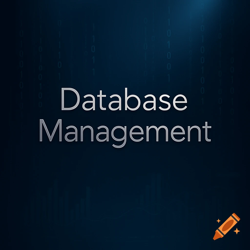 Silver text "Database Management" on a dark blue background with binary code and faint data graphs.