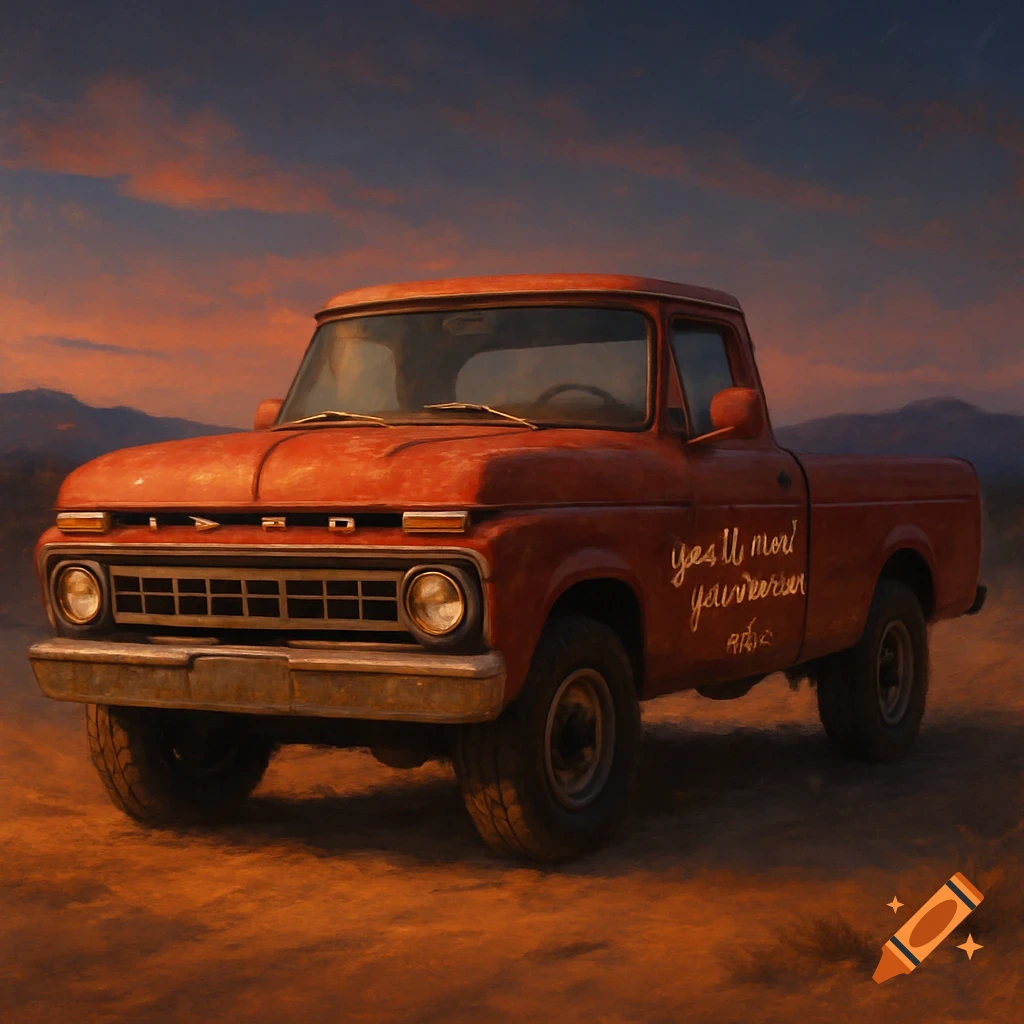 A rustic red pickup truck on a dirt road at sunset, with mountains in the background, in a painted style.