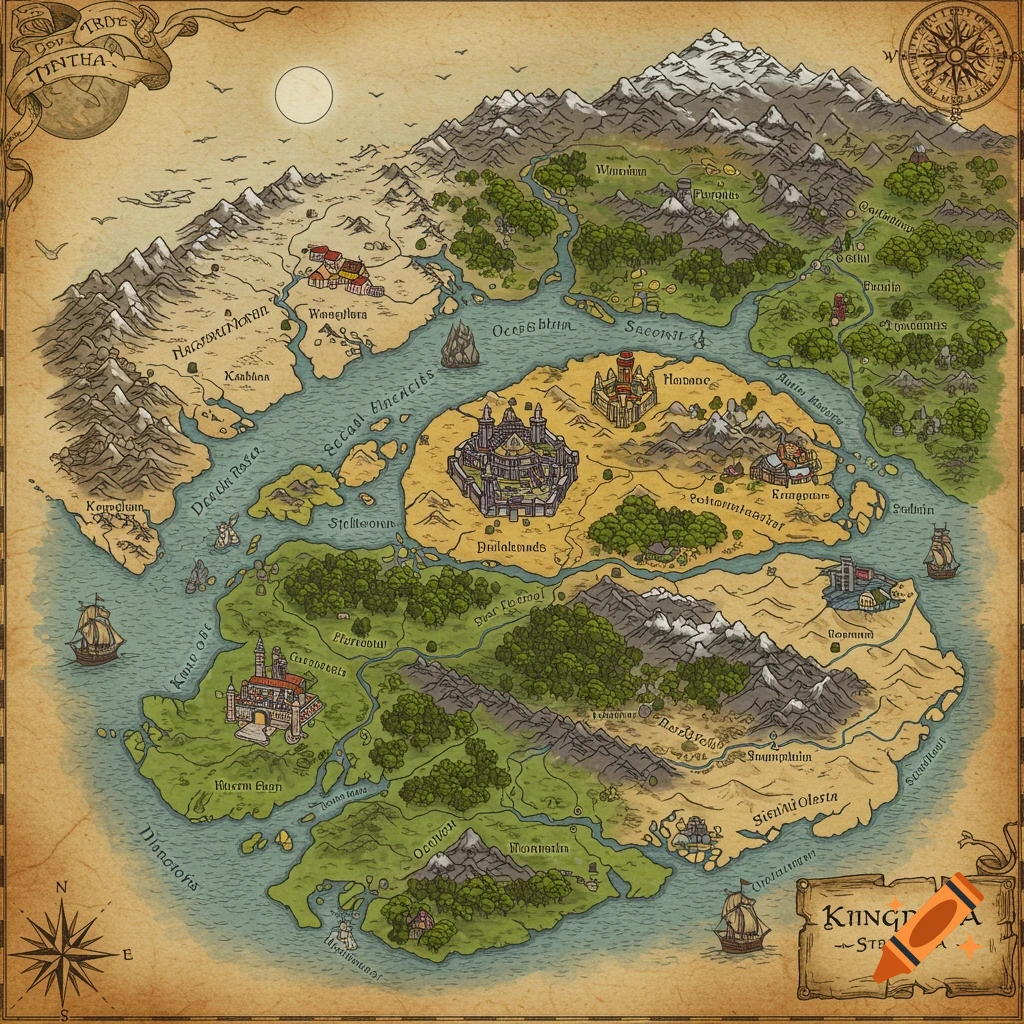 An old-fashioned fantasy map depicting islands, continents, mountains, rivers, and several castles and towns. Ships sail on the surrounding waters.