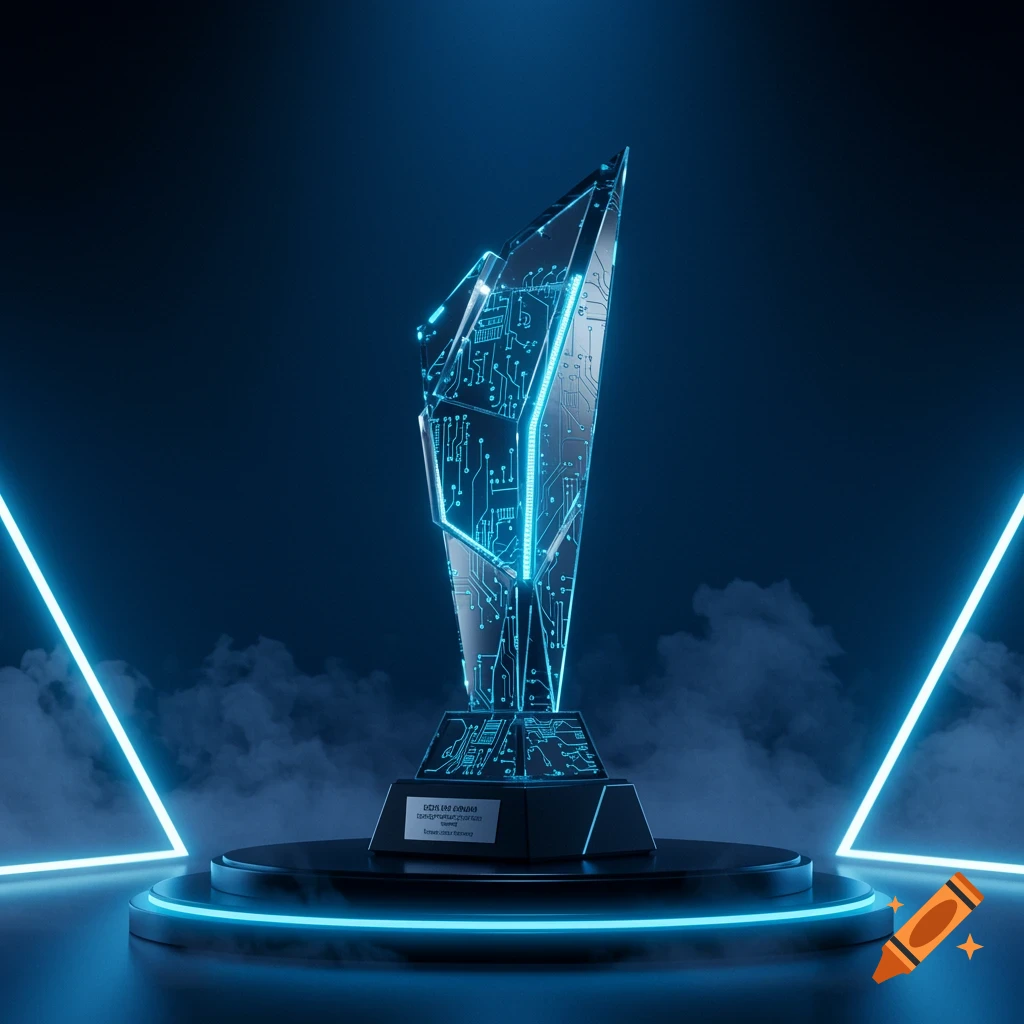 A glowing futuristic crystal trophy with blue circuit board patterns on a dark pedestal with neon lights and smoke.