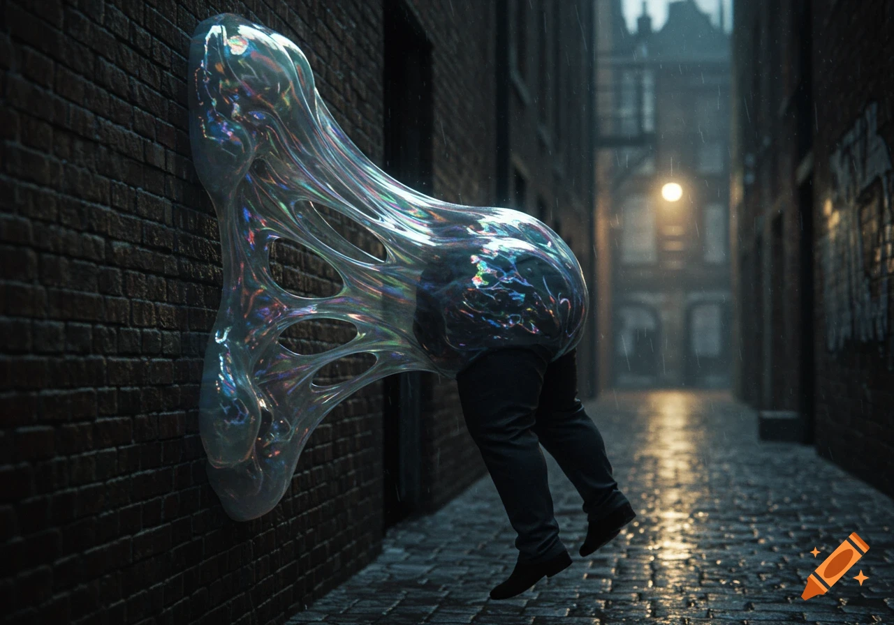 A translucent, iridescent blob-shaped slime clings to a brick wall in a dark, rainy alleyway, partially engulfing a person's lower body.