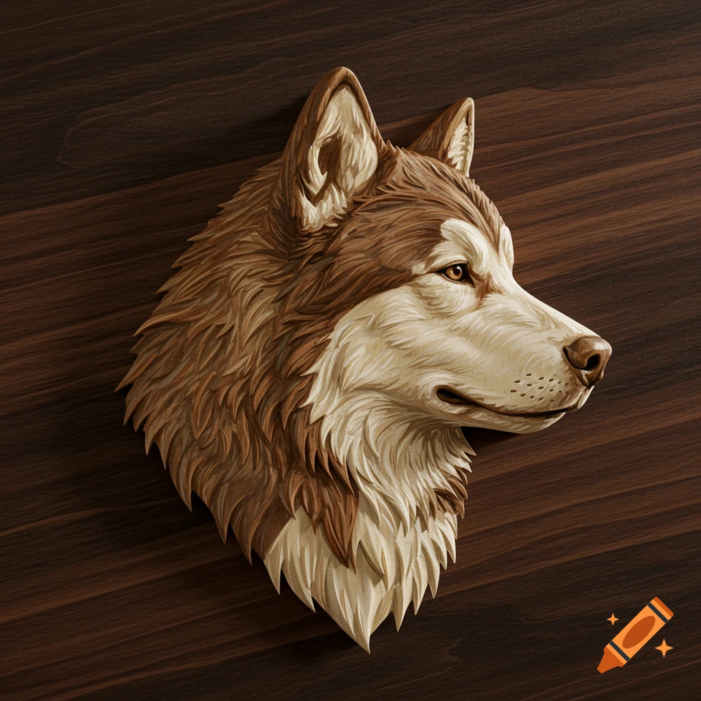 Side view of a brown and white Alaskan Malamute head relief carving on a dark wood background.