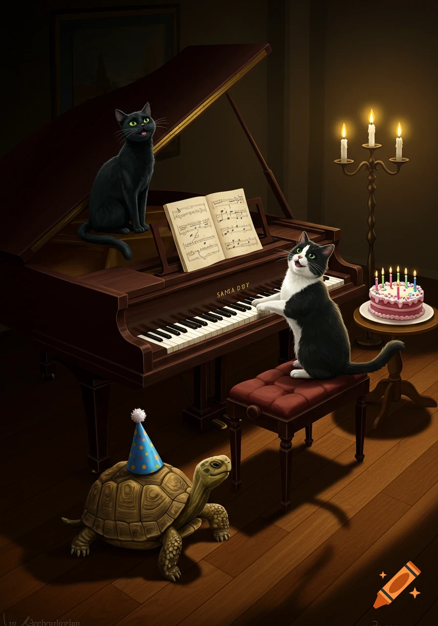 An illustrated scene of a black cat and a tuxedo cat playing a grand piano with a birthday cake nearby, while a tortoise wearing a party hat watches from the floor.