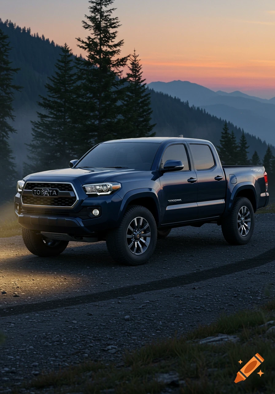 A dark blue Toyota Tacoma pickup truck on a dirt road at sunset in a mountainous forest.