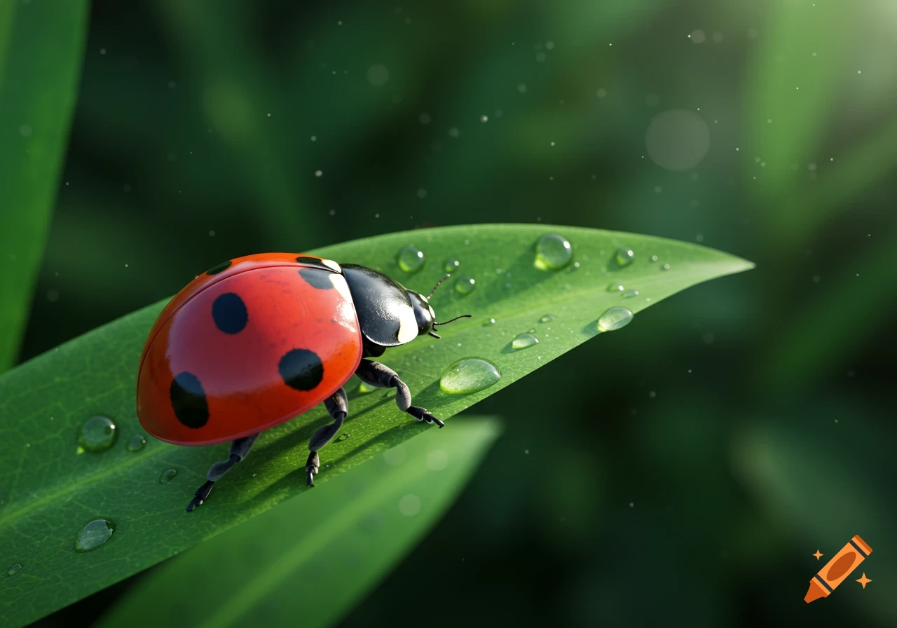 A close-up, photorealistic image of a red ladybug with black spots on a green leaf covered in water droplets.