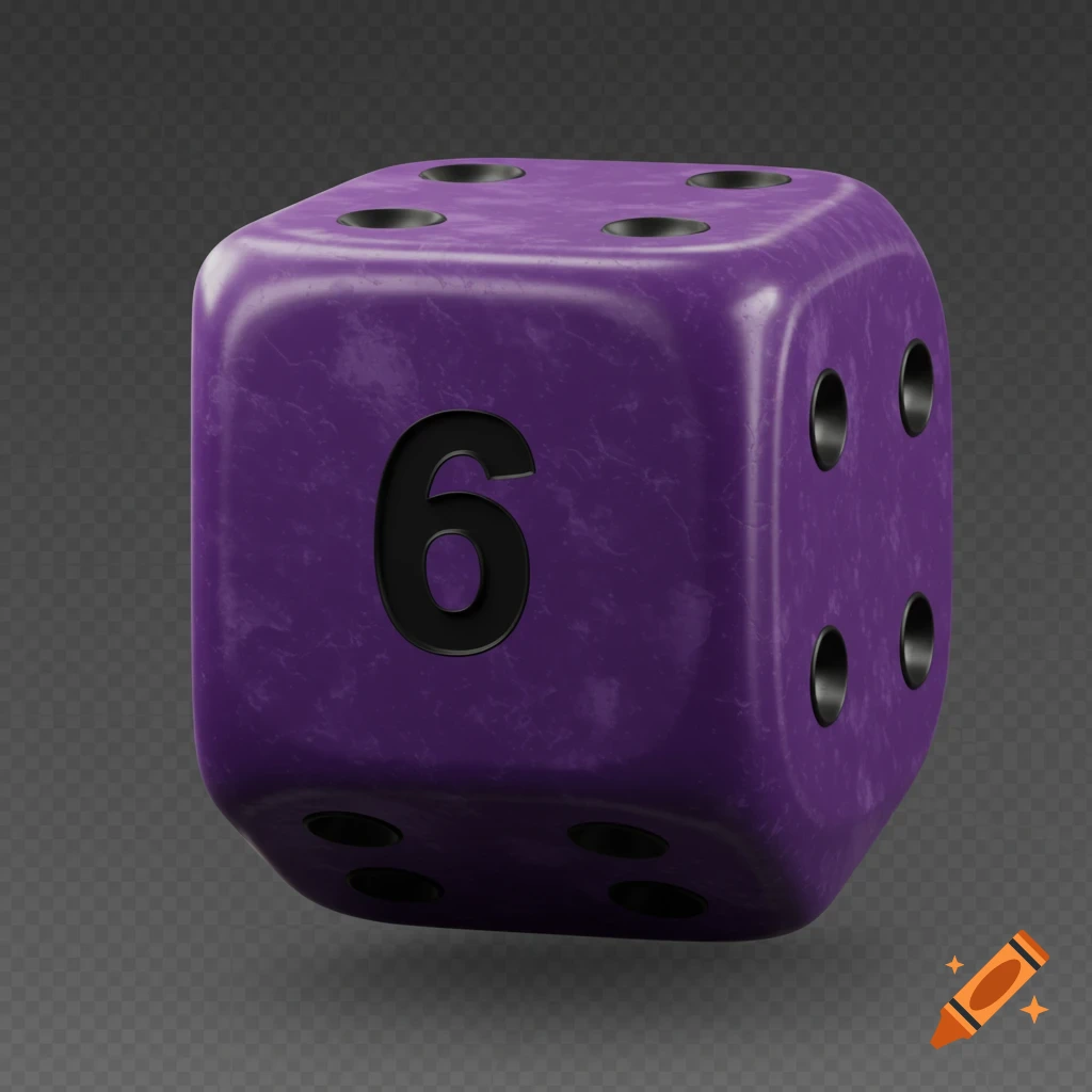 A realistic 3D-rendered purple six-sided die showing the number 6 in bold black on a transparent background.
