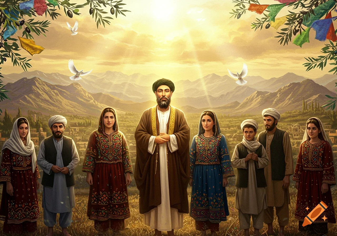 A central bearded man in a turban stands with a group of people in traditional Afghan clothing, with mountains, bright sky, and doves.