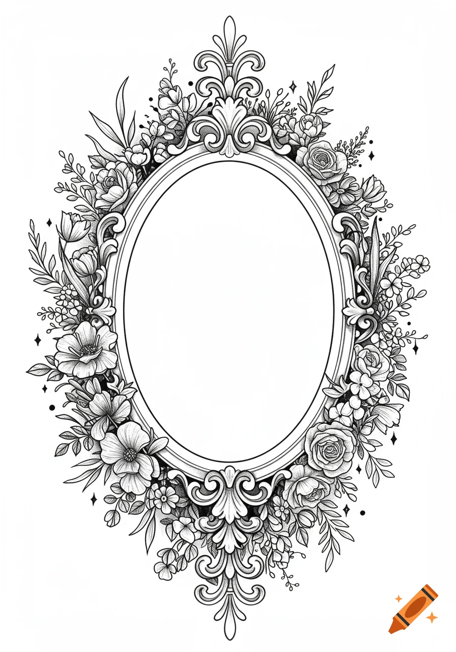 An ornate oval frame surrounded by intricate black and white floral designs, including roses, tulips, and leaves, in a detailed illustration style.