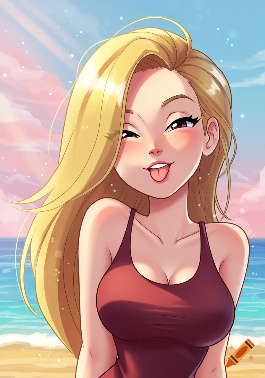 A cartoon woman with long blonde hair winking and sticking her tongue out, wearing a maroon swimsuit at the beach.