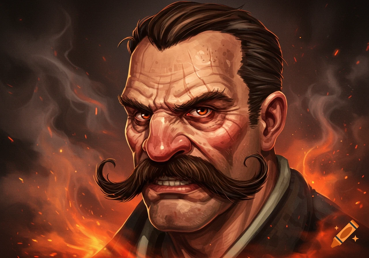 Stylized portrait of an angry man with a prominent mustache and glowing eyes against a fiery, smoky background.