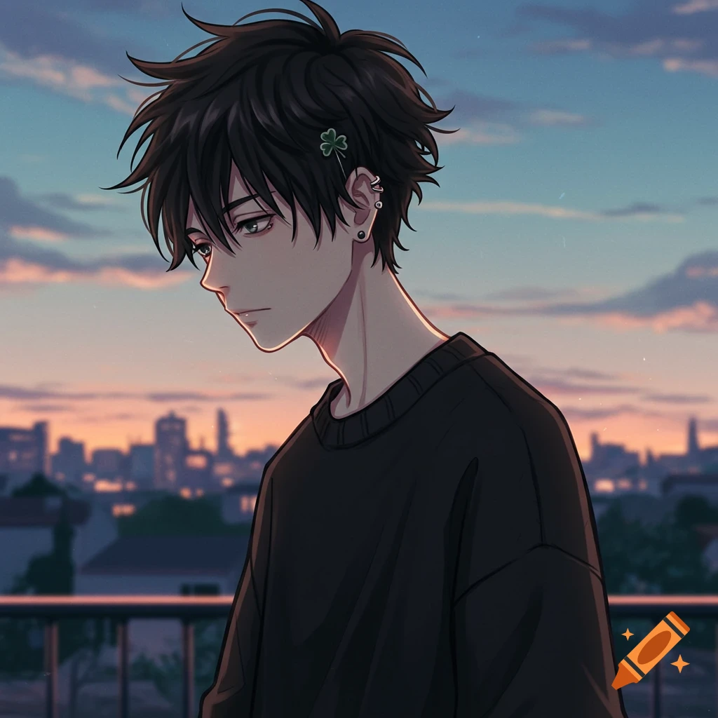 An anime man with black messy hair and a clover pin in his ear, standing on a balcony overlooking a city skyline at sunset.