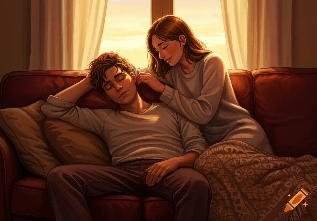 A young woman gently plays with the hair of a man resting on her lap on a couch, bathed in warm golden light from a window. Illustrated style.