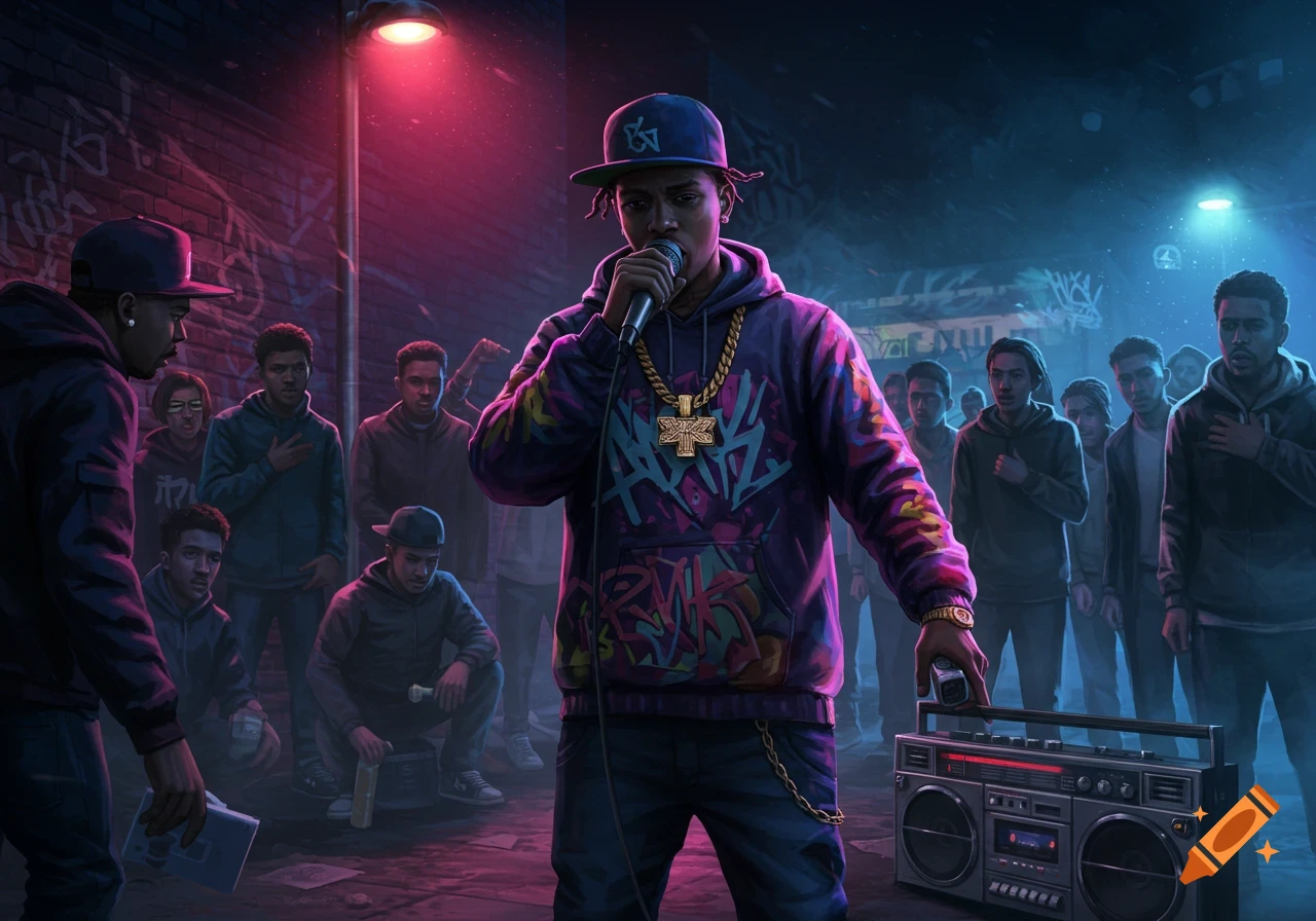 An illustration of a rapper in a purple hoodie and hat performing with a microphone in a dark, neon-lit urban alleyway, surrounded by a crowd of onlookers and a boombox.