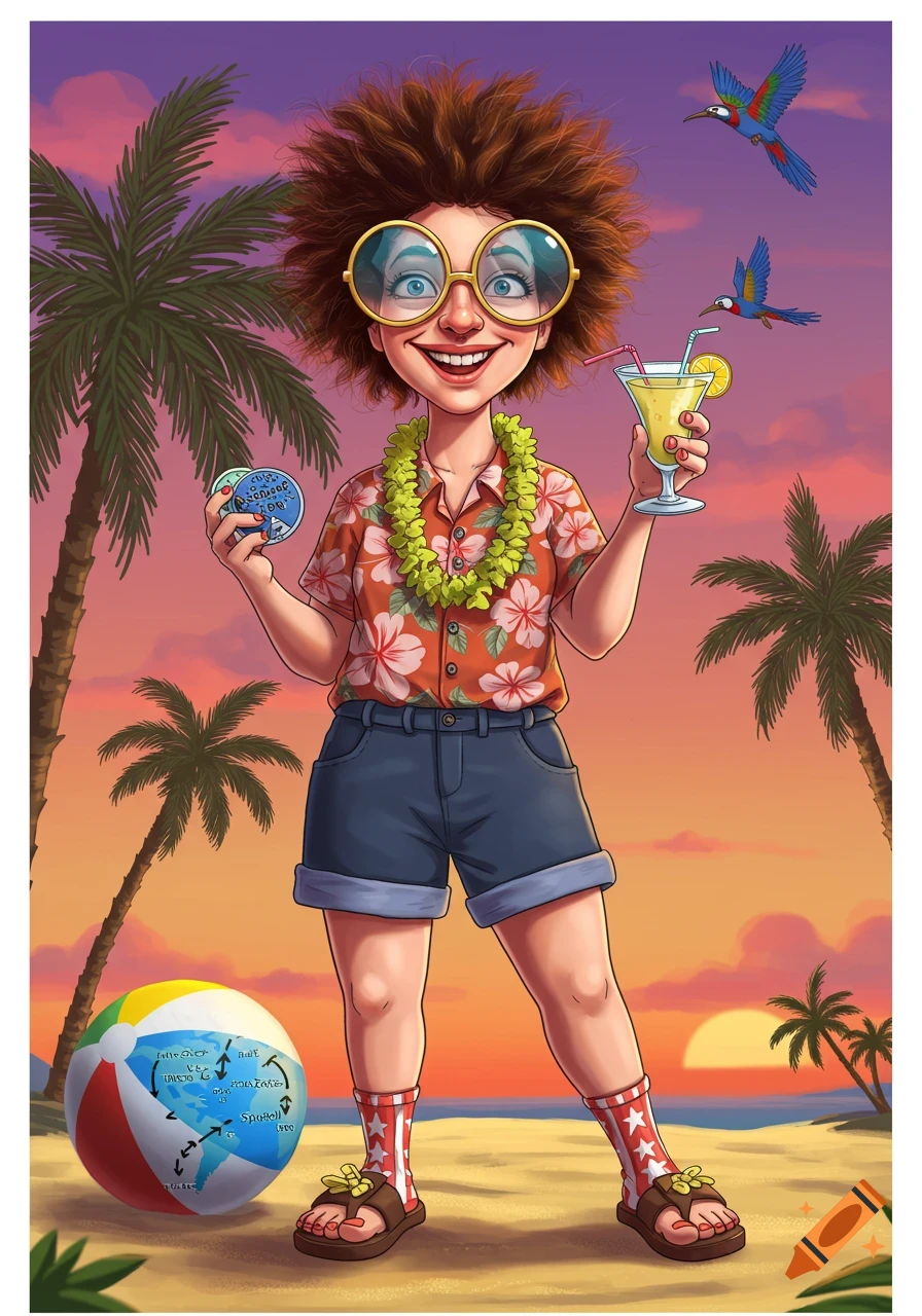 A quirky cartoon character with big curly hair and oversized glasses on a beach, wearing a Hawaiian shirt and lei, holding a cocktail and a small disc, with a beach ball nearby and birds flying. Stylized illustration.