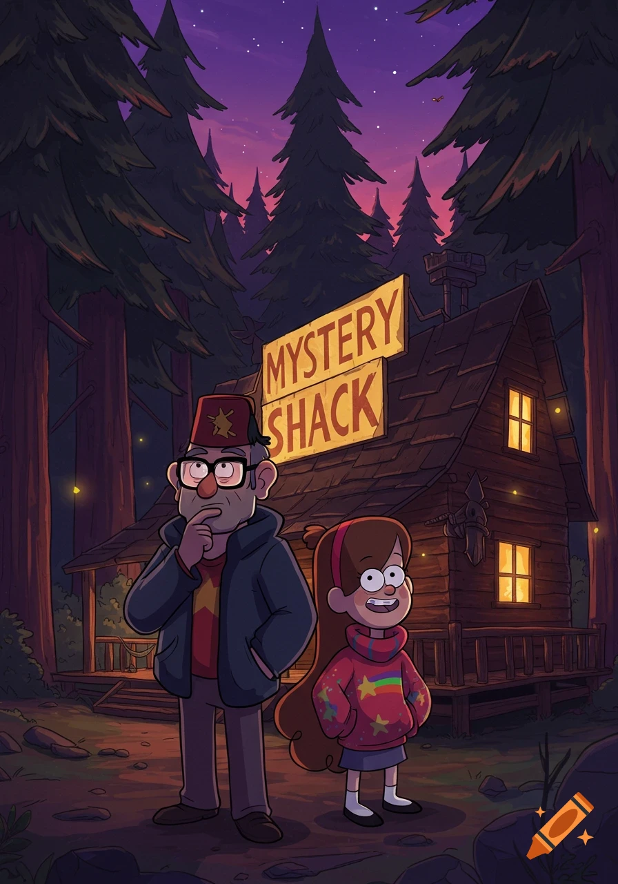 Cartoon of an older man and a young girl standing outside the Mystery Shack at dusk, surrounded by pine trees.