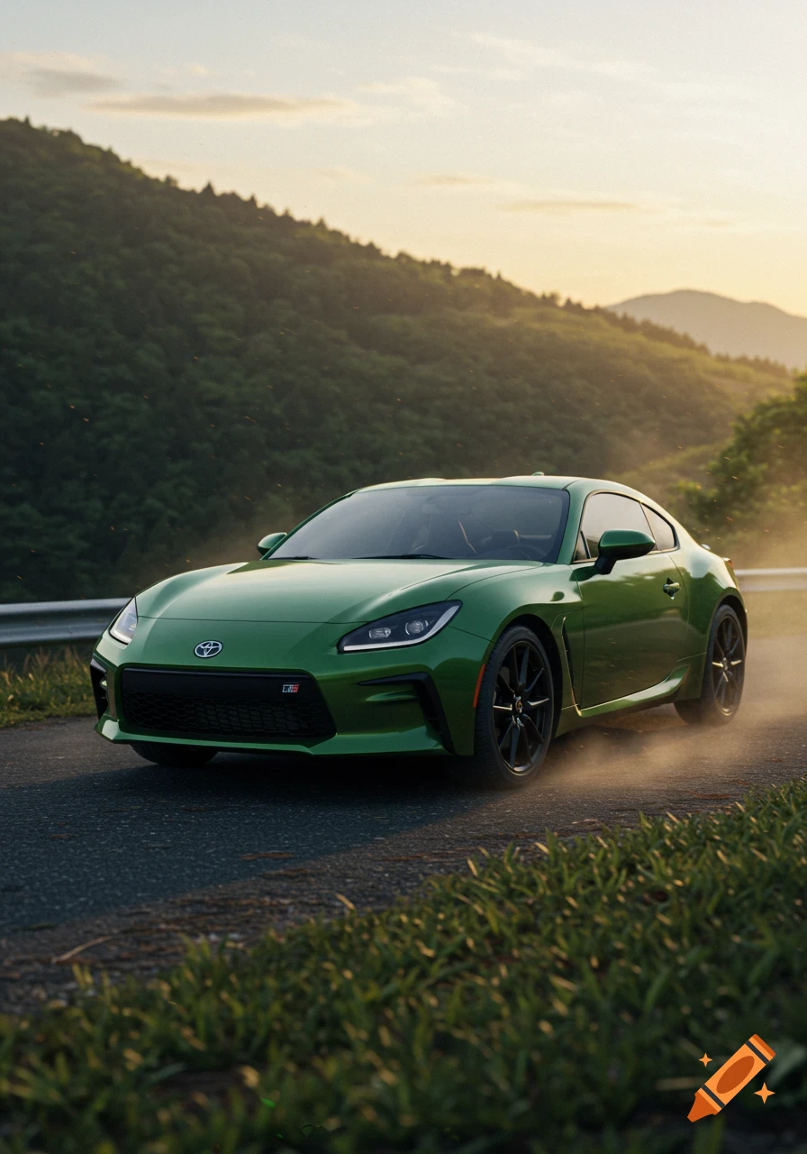 A green Toyota GR86 sports car drives on a winding road through mountains at sunset, with dust around its wheels.