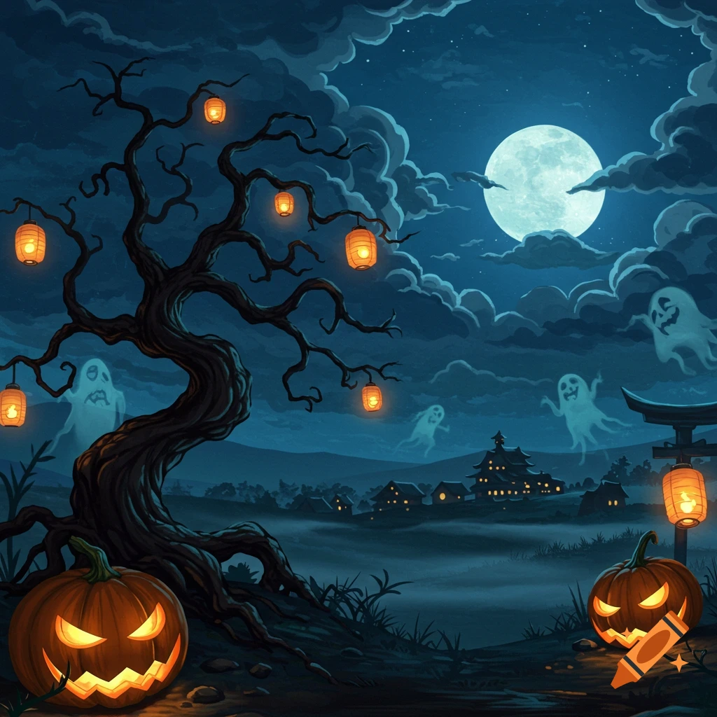 A spooky Halloween night illustration with glowing jack-o'-lanterns, a twisted tree, floating ghosts, a full moon, and a distant village.