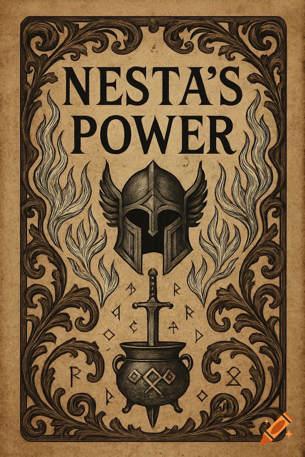 Antique style book cover with a winged helmet, sword, cauldron, runes, and ornate scrollwork on aged parchment, with 'NESTA'S POWER' at the top.