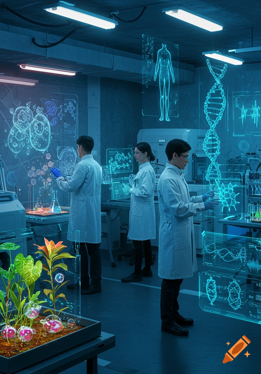 Three scientists in a futuristic lab with holographic displays showing DNA, human anatomy, and cellular structures, and plants in a transparent container.