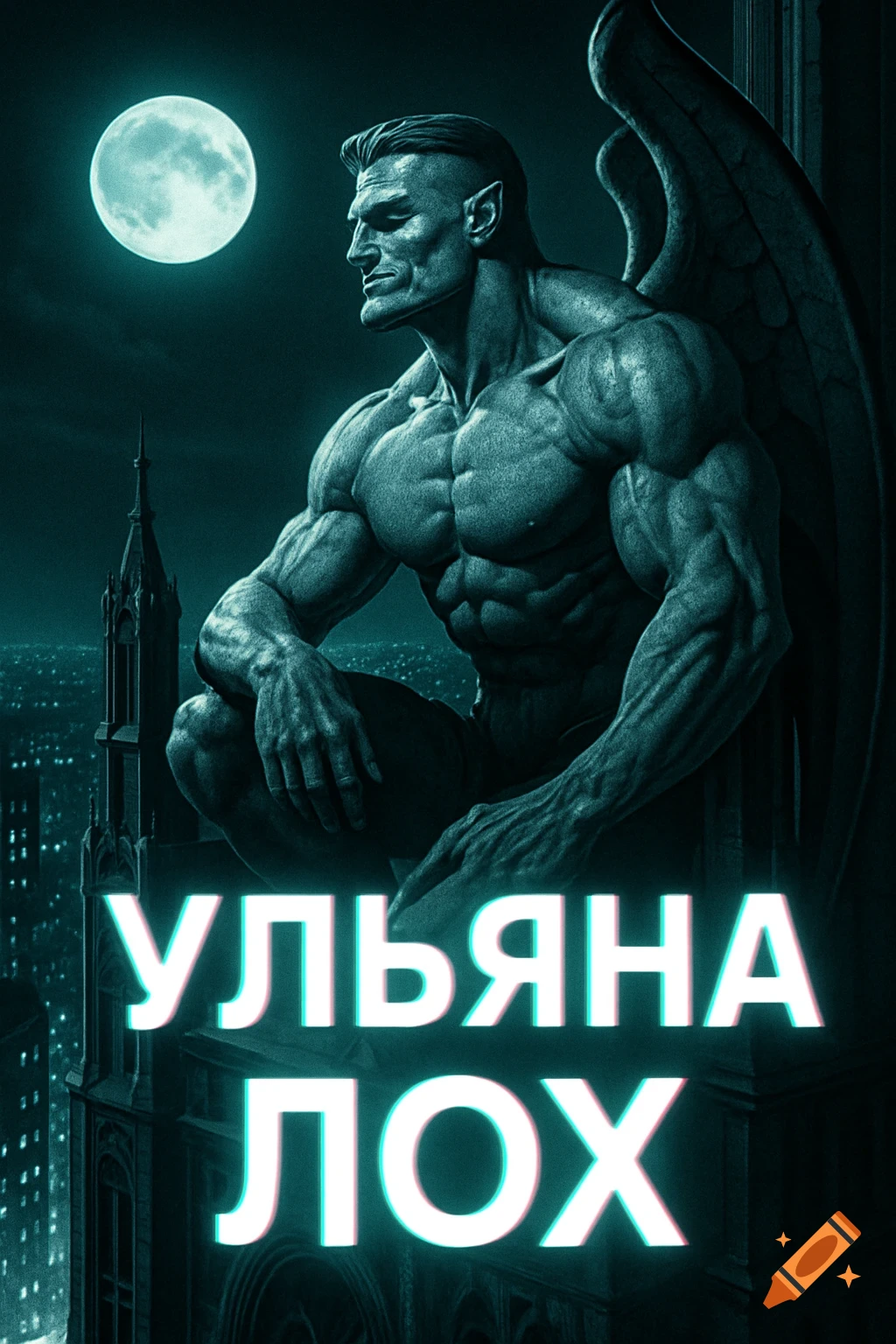 Muscular winged figure on a gothic building overlooking a city at night under a full moon. Text 'УЛЬЯНА ЛОХ'.