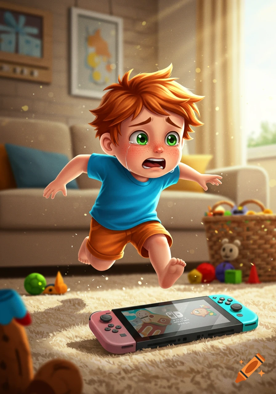 A crying cartoon boy with red hair and green eyes runs towards a Nintendo Switch on a rug in a sunlit living room.