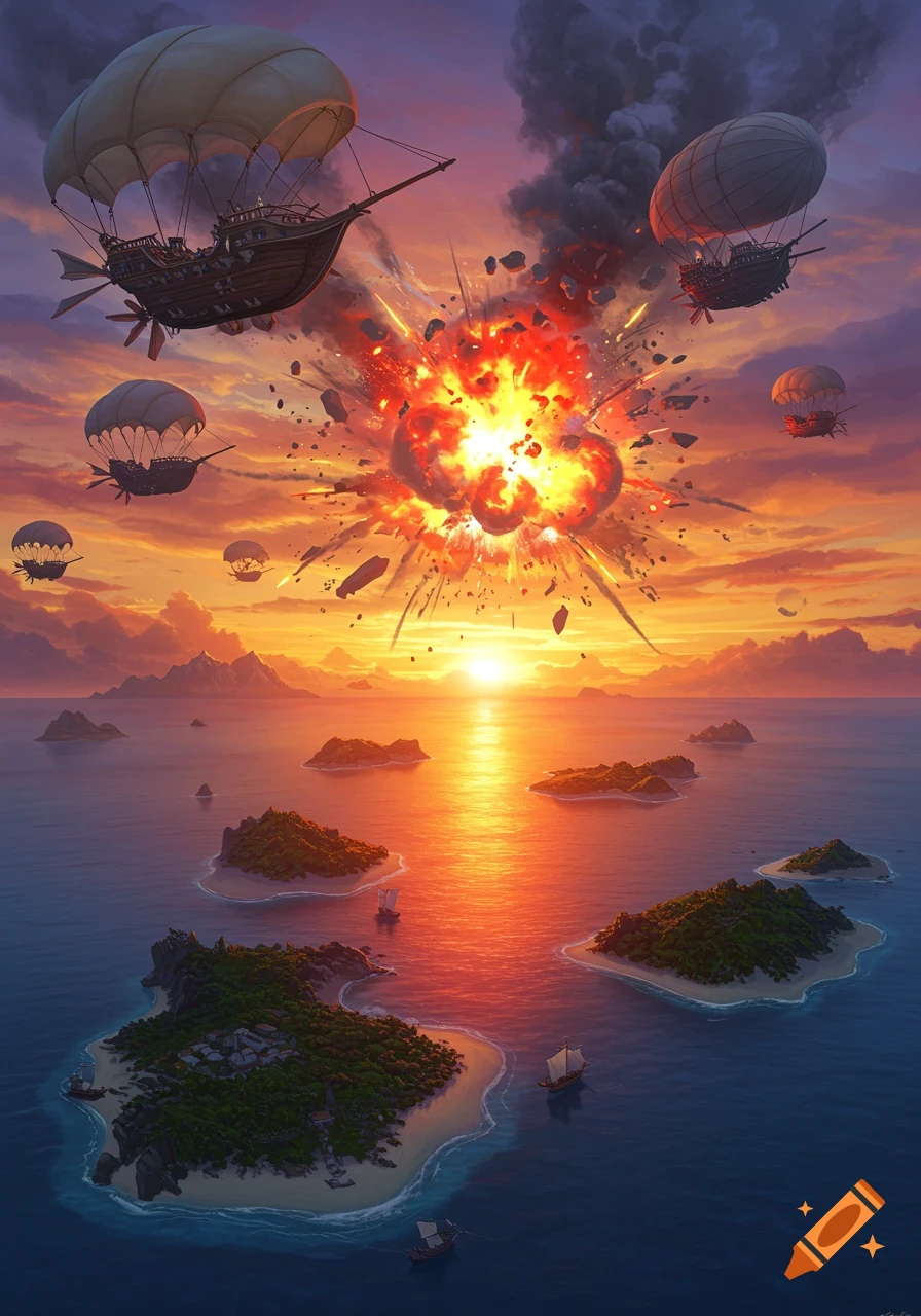 Fantasy artwork of a large airship exploding over a chain of small, green islands at sunset, with debris raining down and other airships in the sky.