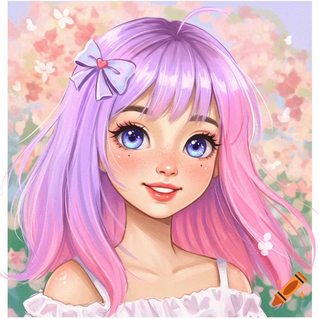 A cute anime girl with long purple to pink hair, blue eyes, freckles, and a bow, smiling against a blurry floral background.