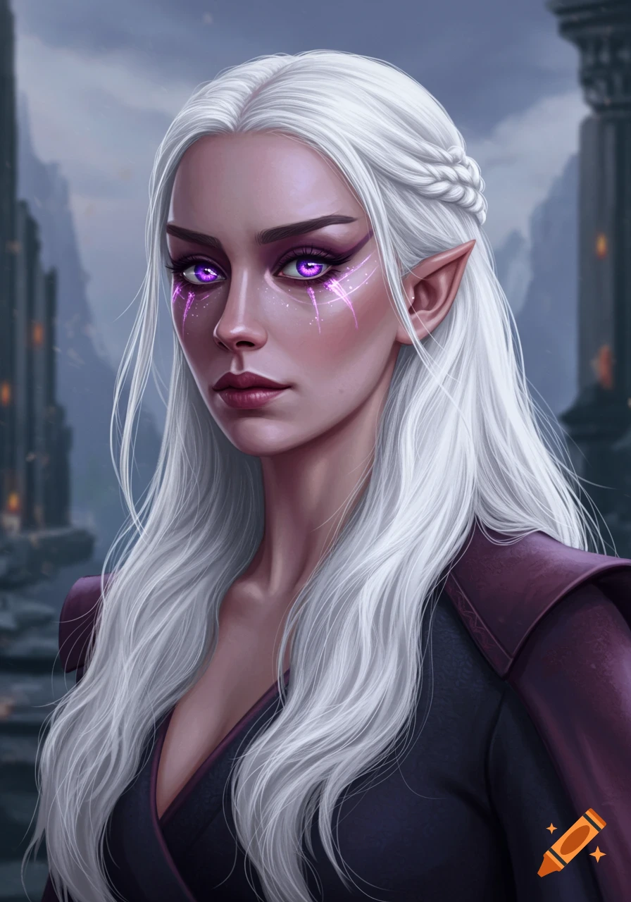 A stunning fantasy portrait of a woman with long white hair, pointed ears, and glowing violet eyes, against blurred ruins.