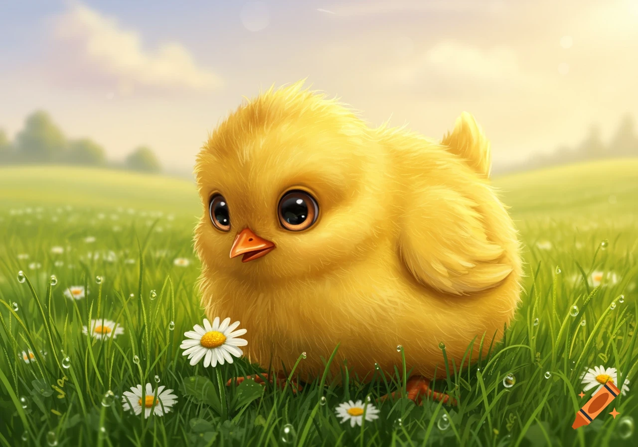 A cute fluffy yellow chick with big eyes sits in a grassy field with white daisies and dew drops under a bright sky.