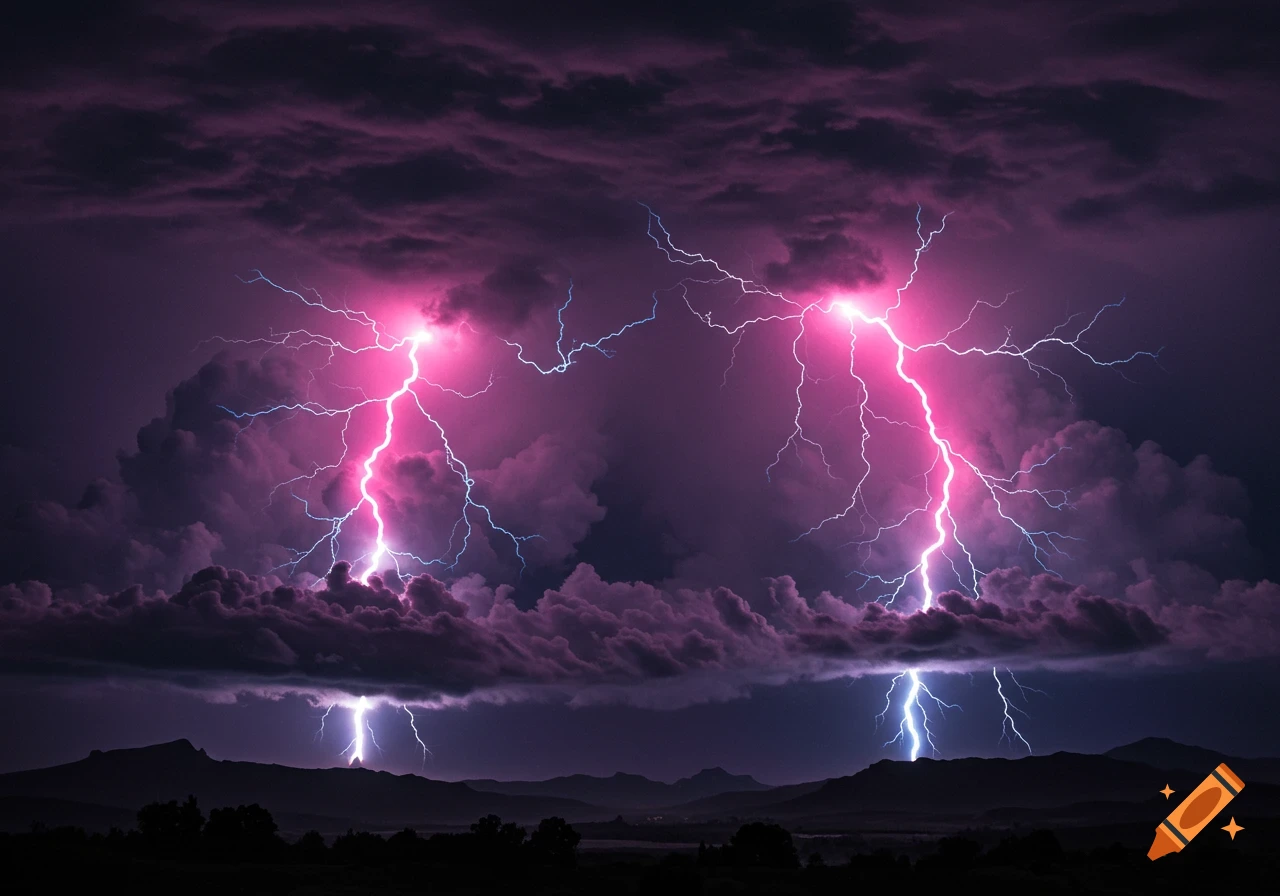 A dramatic night landscape with multiple bright pink and blue lightning bolts striking from dark, stormy clouds.