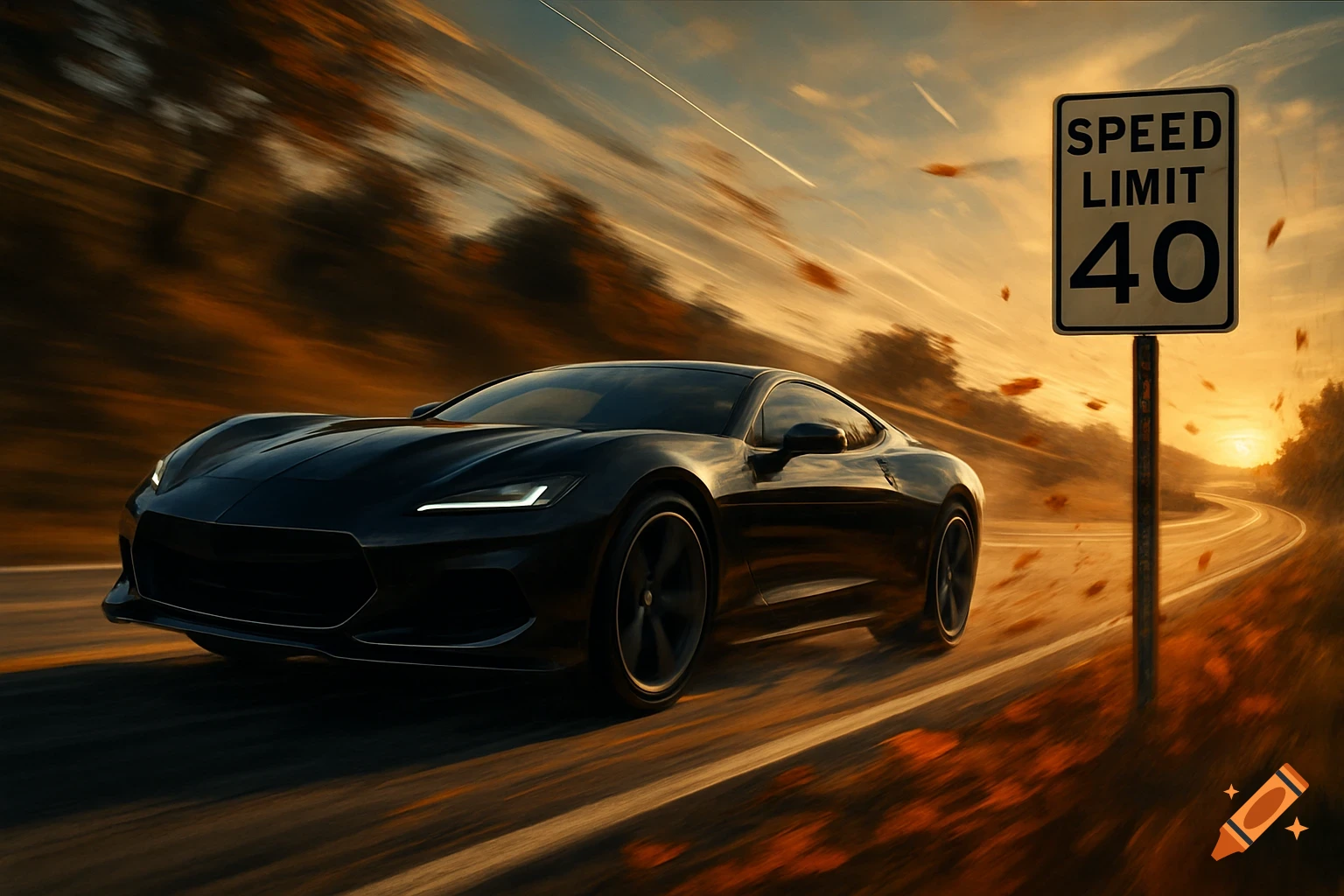 A black sports car speeds down a winding road at sunset, passing a clear speed limit sign for 40.