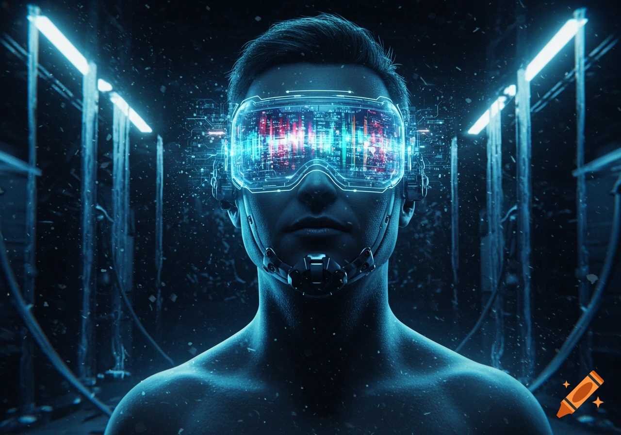A man wearing a glowing futuristic VR headset with digital data projected on the visor, in a dark, blue-lit environment.