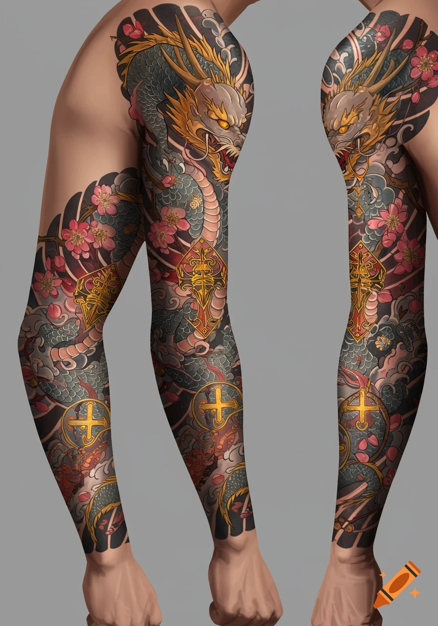 Detailed Japanese irezumi tattoo sleeves featuring a dragon, cherry blossoms, and golden motifs on arms.