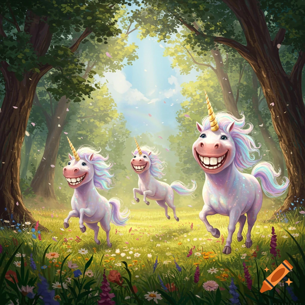 Three whimsical cartoon unicorns with large teeth grin while running through a bright, sunlit forest filled with wildflowers.