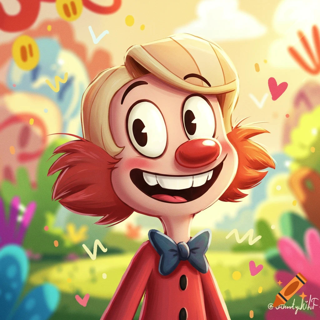 A cheerful cartoon character with blonde hair, a red nose, and red fluffy sideburns, wearing a red suit and blue bow tie, smiles broadly against a bright, colorful background.
