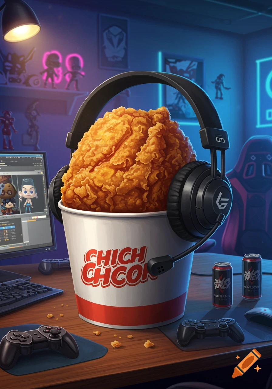 A bucket of fried chicken wearing gaming headphones sits on a wooden desk with a computer, controllers, and energy drinks in a blue-lit gaming room. Digital art.