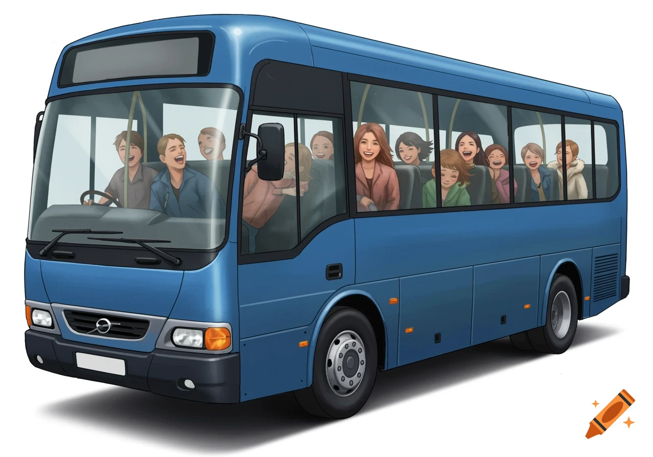 A blue bus filled with happy, smiling cartoon people on a white background.