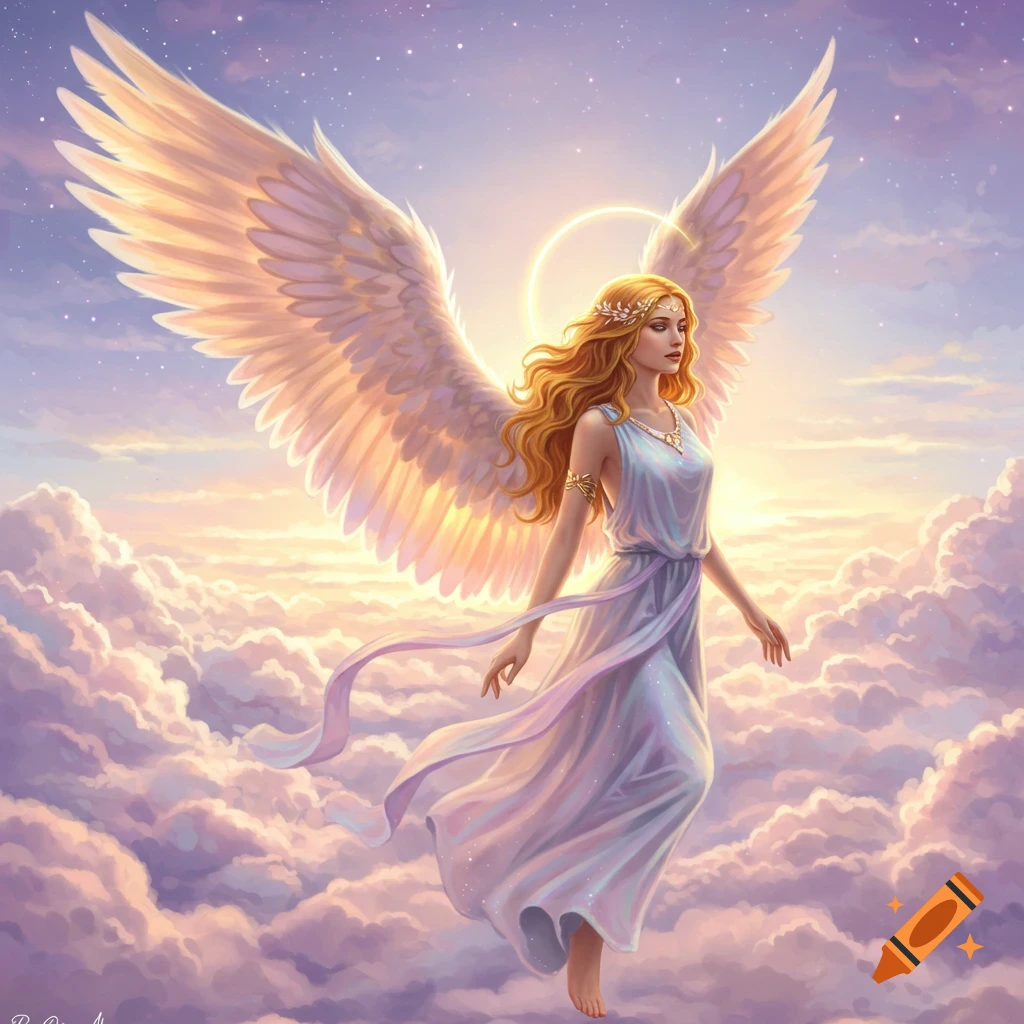 A beautiful angel with large feathered wings and long wavy blonde hair, wearing a flowing white gown, stands gracefully among white clouds at sunset with a glowing halo.
