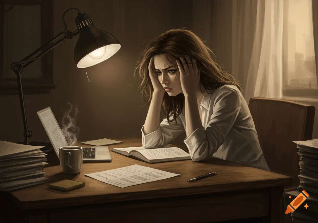 A stressed woman with hands on her head sits at a desk under a lamp, surrounded by papers, a laptop, and a book, in an illustrative style.