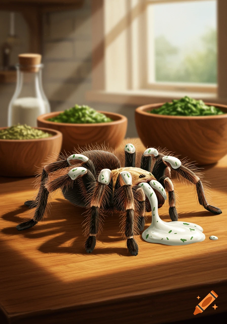 A furry tarantula on a wooden counter, covered in white ranch dressing with green specks, with bowls of green herbs in the background.