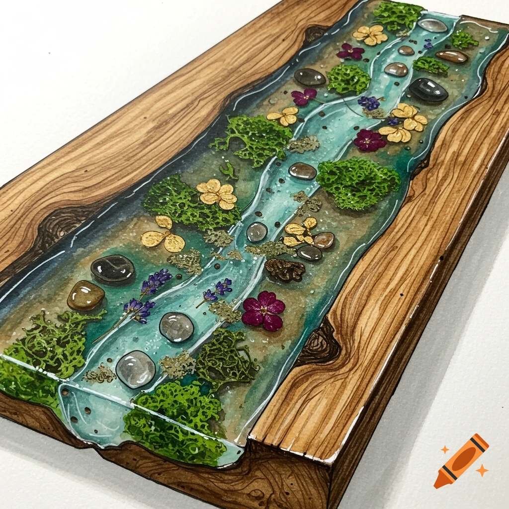 An illustrative top-down view of a rectangular wooden serving dish with a clear epoxy resin 'river' flowing down its center, filled with green moss, various river stones, and scattered purple and yellow dried flowers.