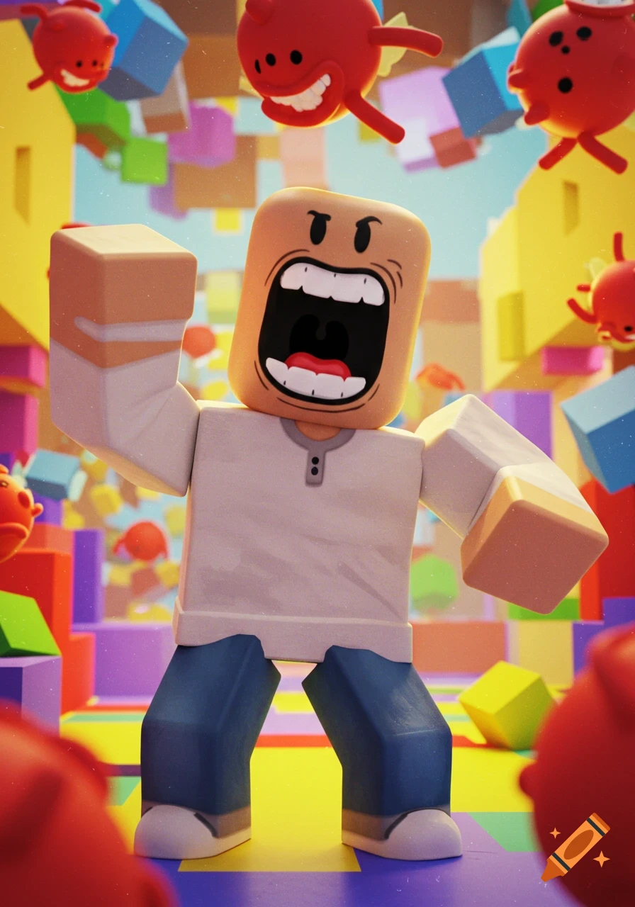 A 3D rendering of a Roblox-style character with a screaming face, surrounded by colorful blocks and red smiling blob creatures.