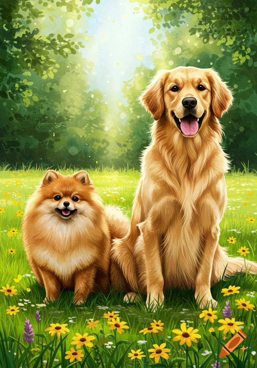 A happy Golden Retriever and a fluffy Pomeranian sit in a vibrant green field filled with yellow and purple flowers under a sunny sky.