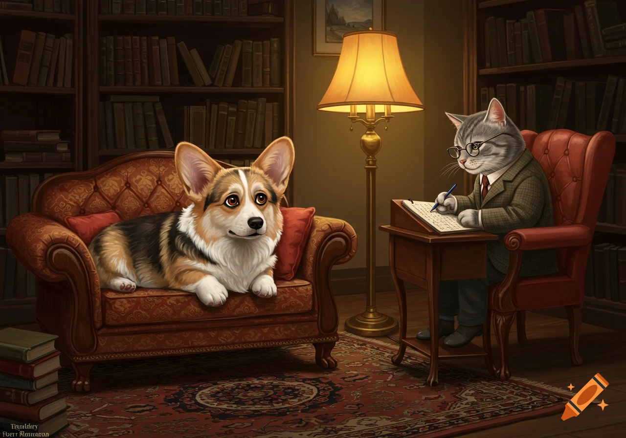 A cute corgi lies on a red couch across from a cat wearing glasses and writing at a desk in a cozy library.